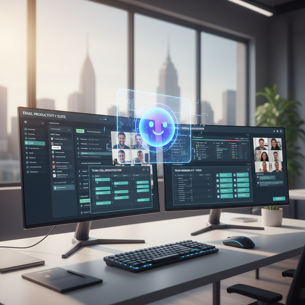 Team collaborating with digital assistant on screen, email productivity solutions online collaboration